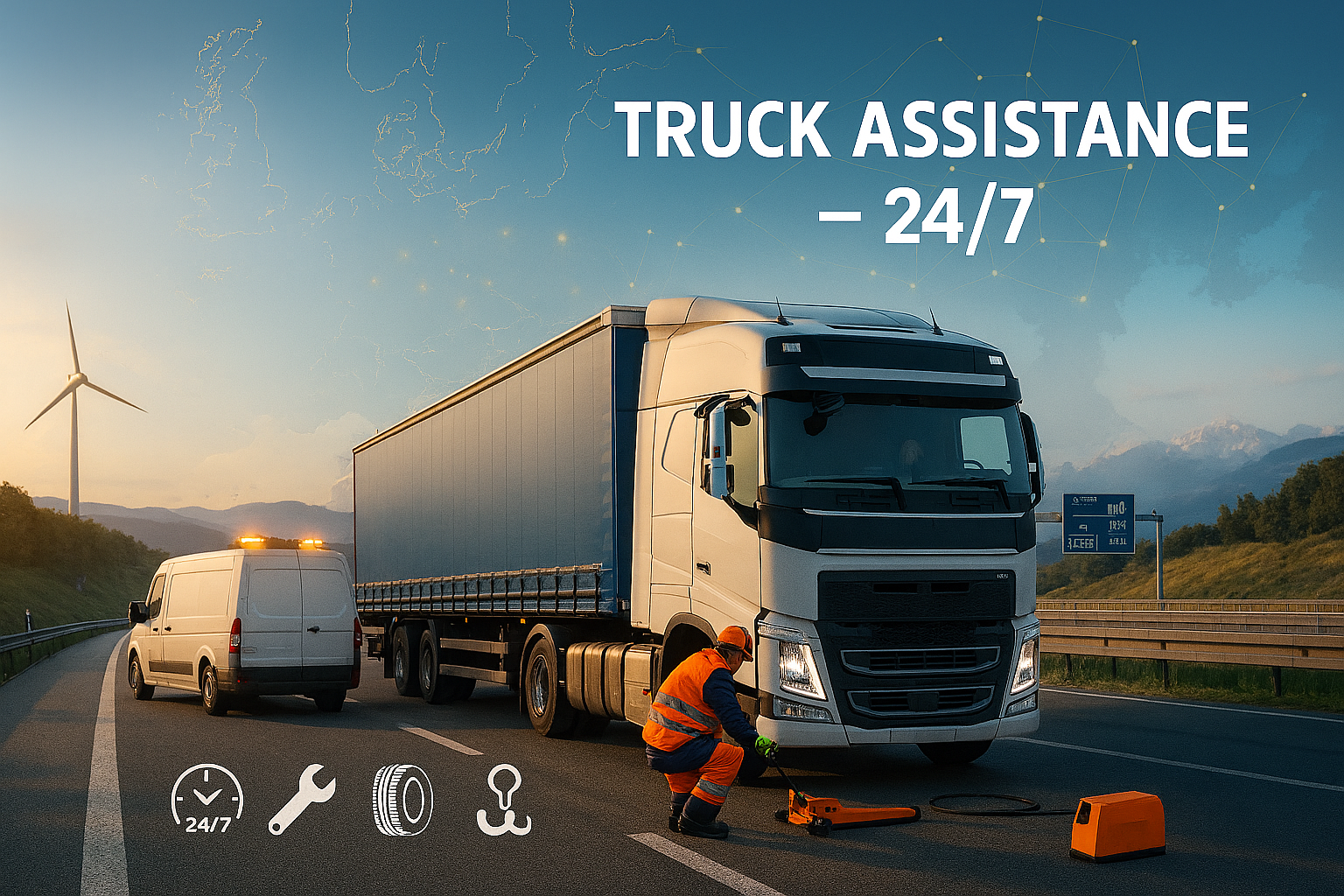 Technician delivers 24/7 truck assistance on a European highway while support van and trailer wait at sunset